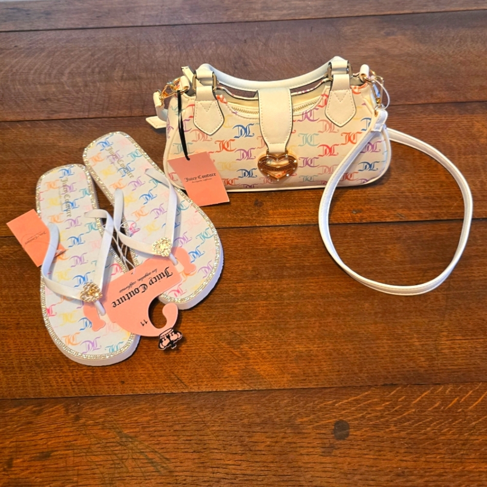 Juicy Couture RARE Matching White & Rainbow JC Monogram Handbag & Flip Flops NWT - Picture 8 of 8